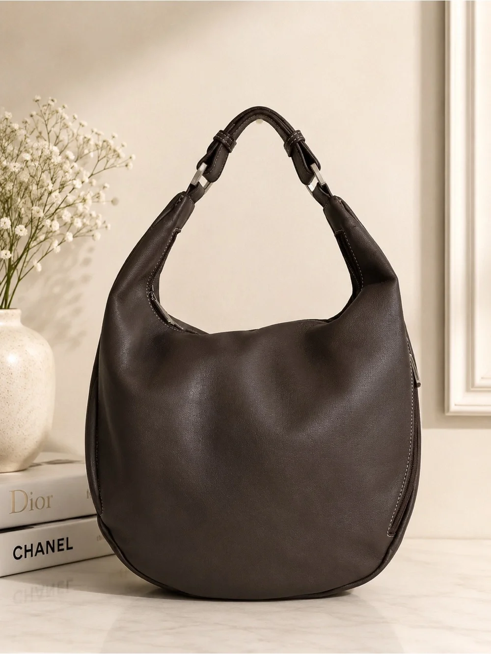 Sabrina Gray Leather Hobo Shoulder Bag Slouchy Everyday Purse